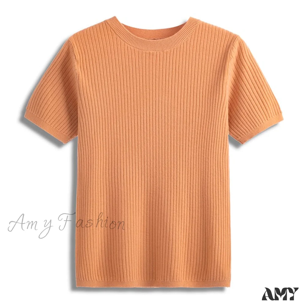 Amy Fashion - Knitted Short Sleeves Top Orange / One Size