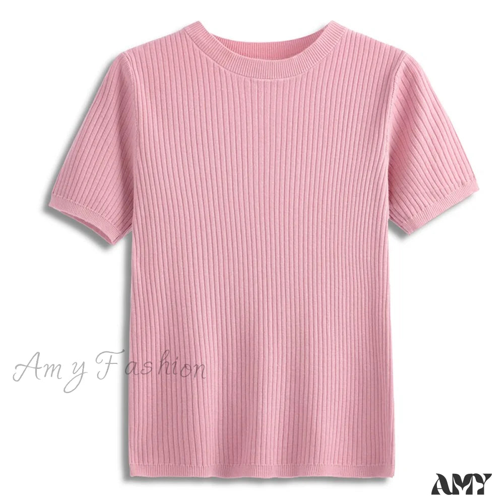 Amy Fashion - Knitted Short Sleeves Top Pink / One Size