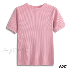 Amy Fashion - Knitted Short Sleeves Top Pink / One Size