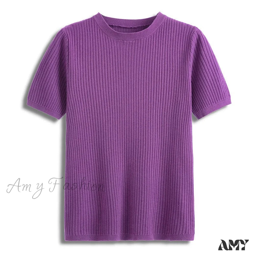 Amy Fashion - Knitted Short Sleeves Top Purple / One Size