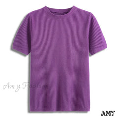 Amy Fashion - Knitted Short Sleeves Top Purple / One Size