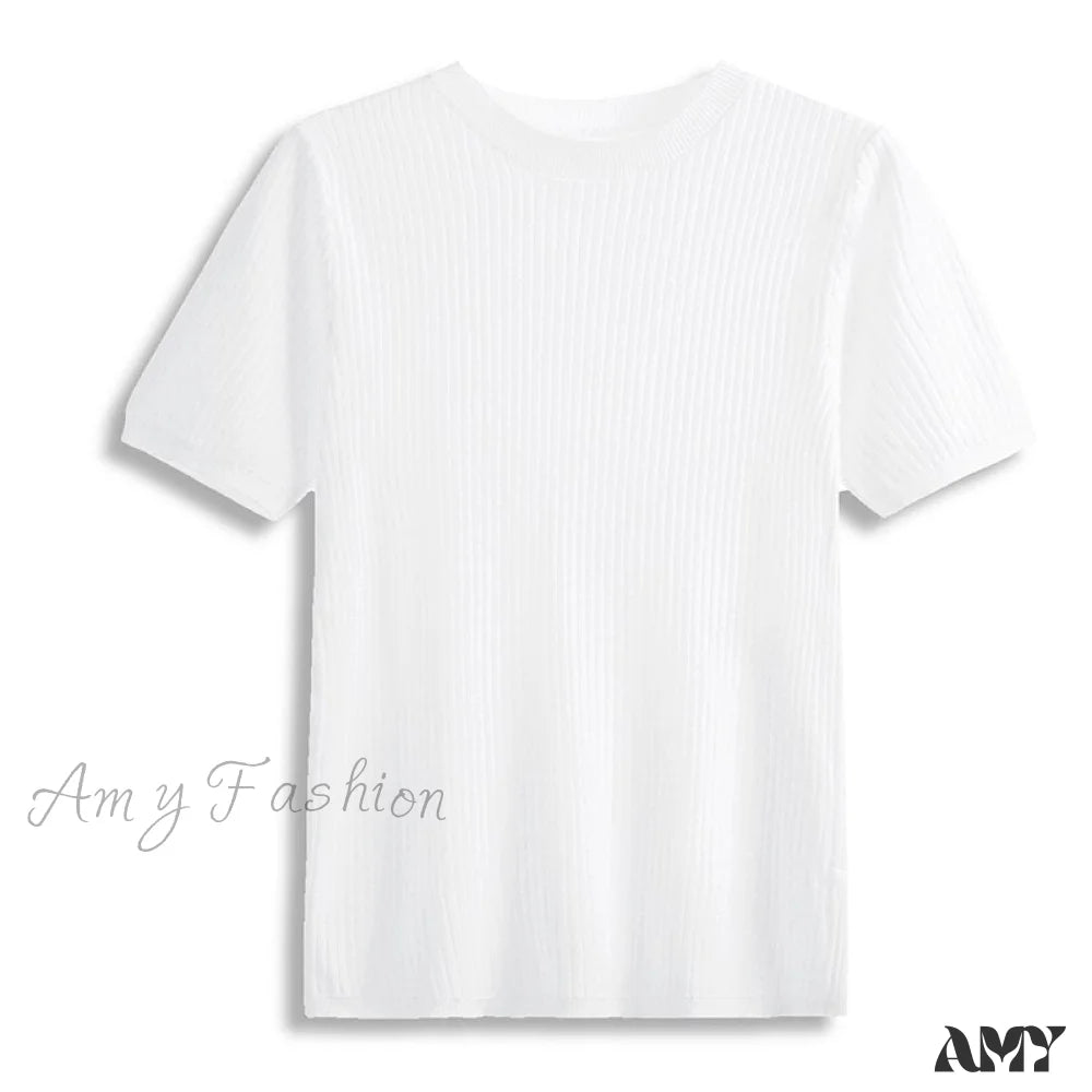 Amy Fashion - Knitted Short Sleeves Top White / One Size