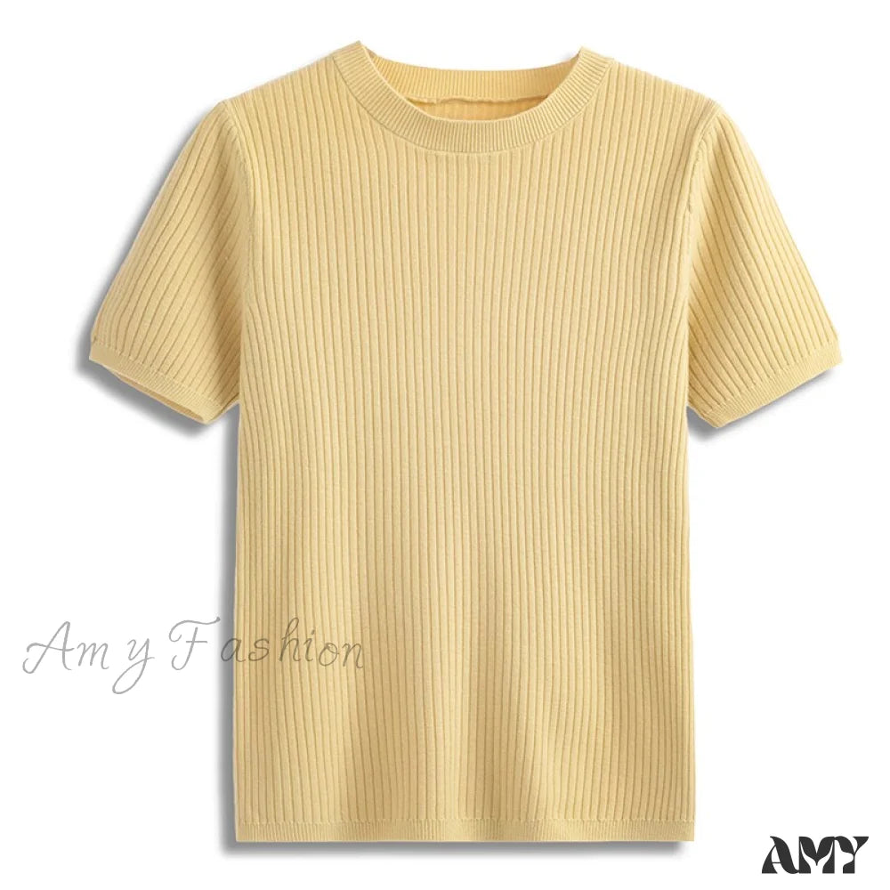 Amy Fashion - Knitted Short Sleeves Top Yellow / One Size