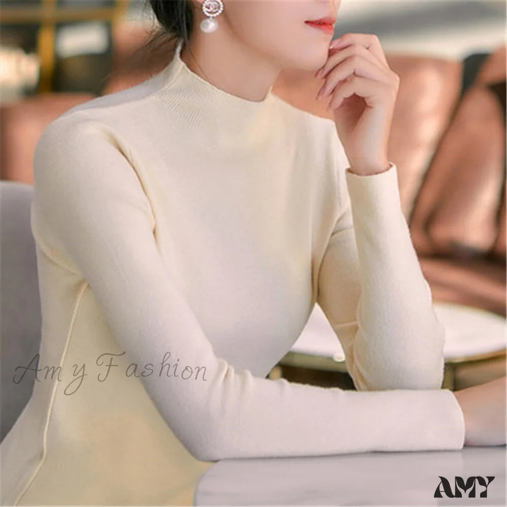 Amy Fashion - Knitted Turtleneck Pullovers Top Apricot / One Size