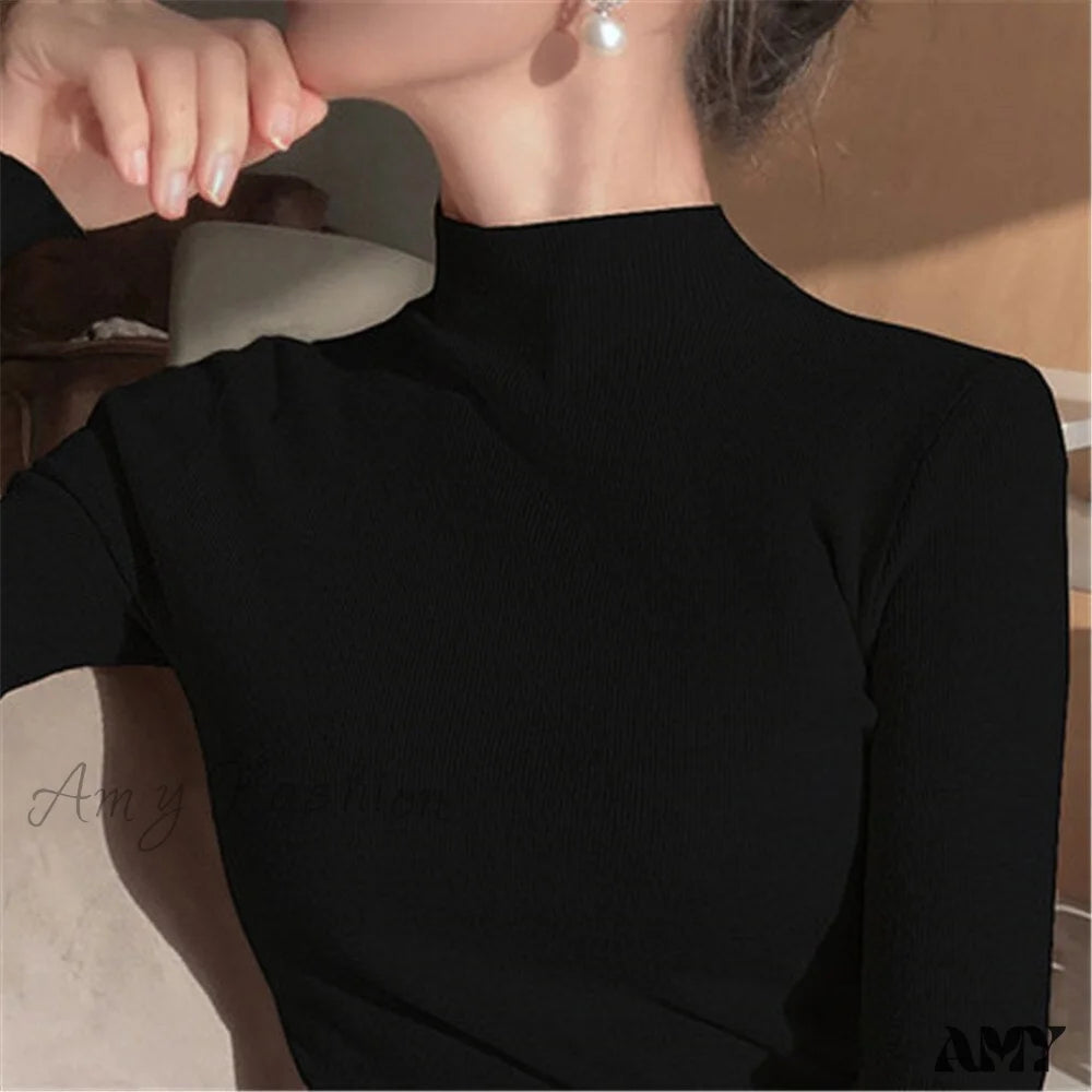 Amy Fashion - Knitted Turtleneck Pullovers Top Black / One Size
