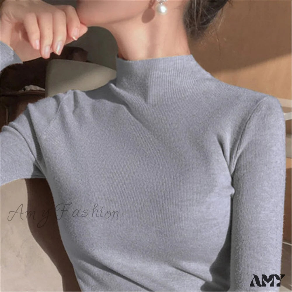 Amy Fashion - Knitted Turtleneck Pullovers Top Gray / One Size