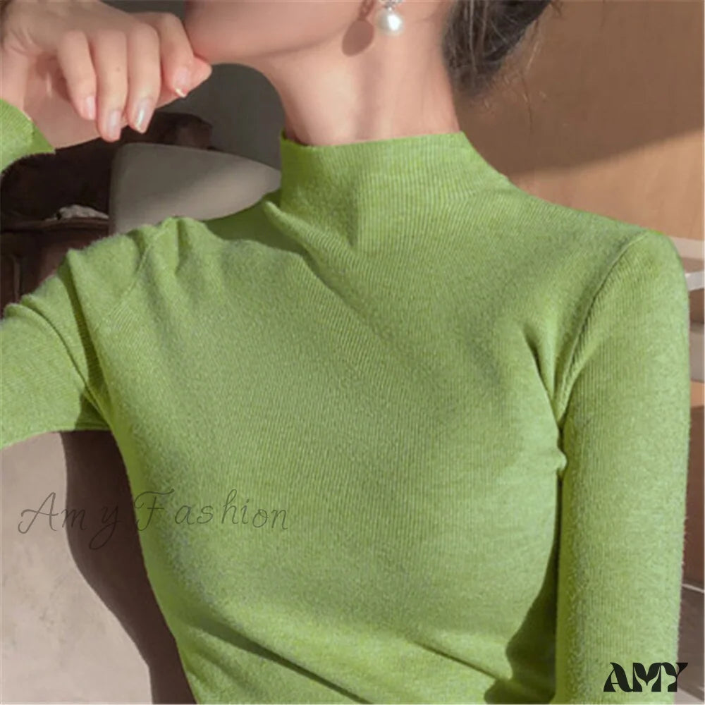 Amy Fashion - Knitted Turtleneck Pullovers Top Green / One Size