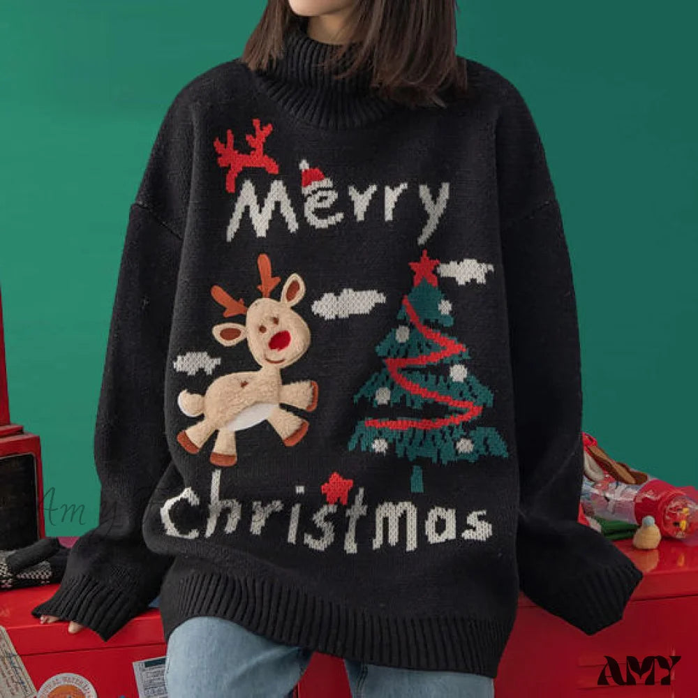 Amy Fashion - Korean Style Wild Loose Casual Sweater Black / M