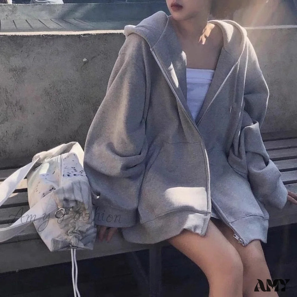 Amy Fashion - Korean Version Zip Up Loose Oversized Hoodie