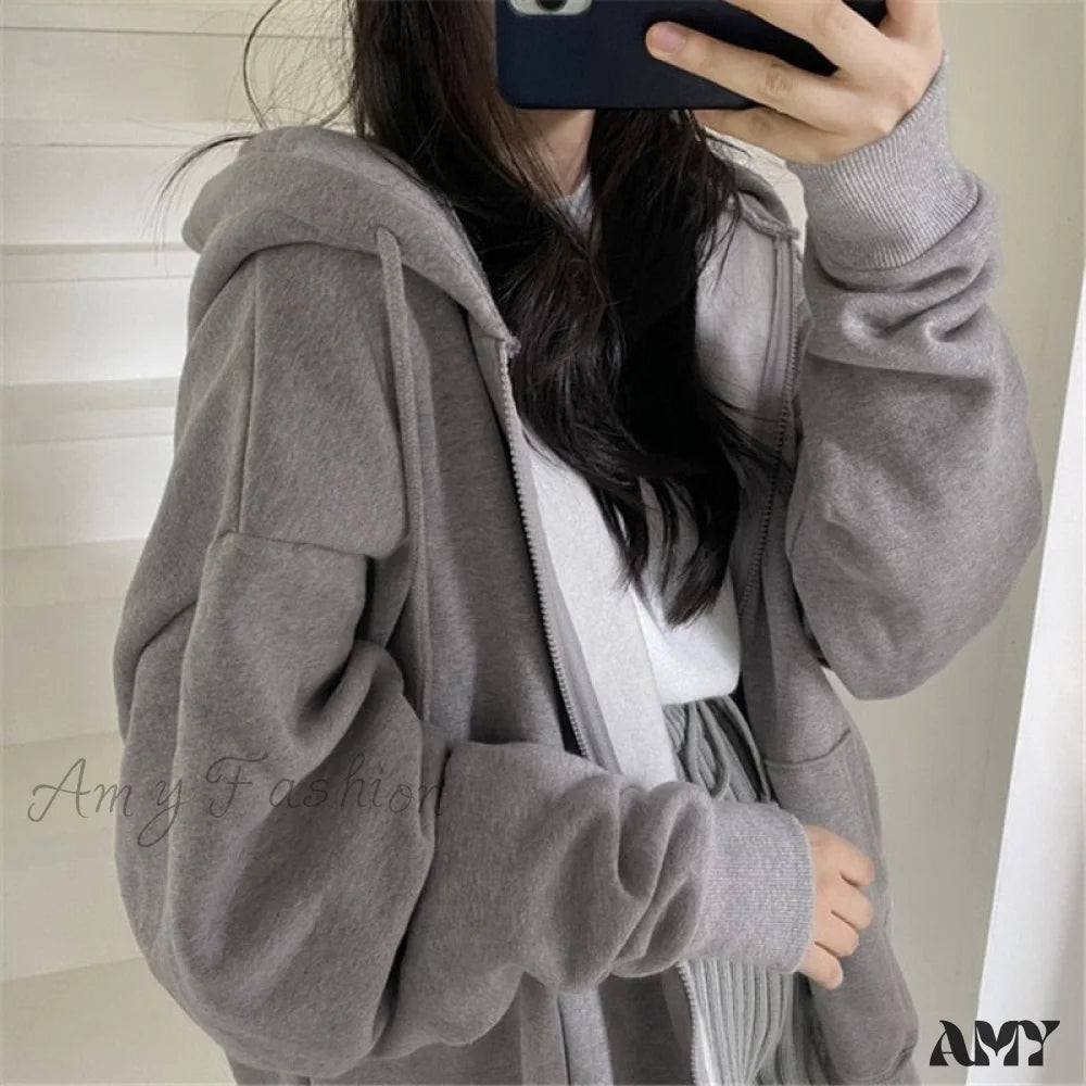 Amy Fashion - Korean Version Zip Up Loose Oversized Hoodie