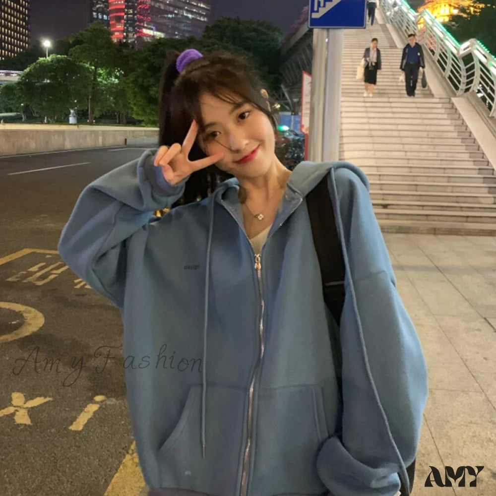 Amy Fashion - Korean Version Zip Up Loose Oversized Hoodie