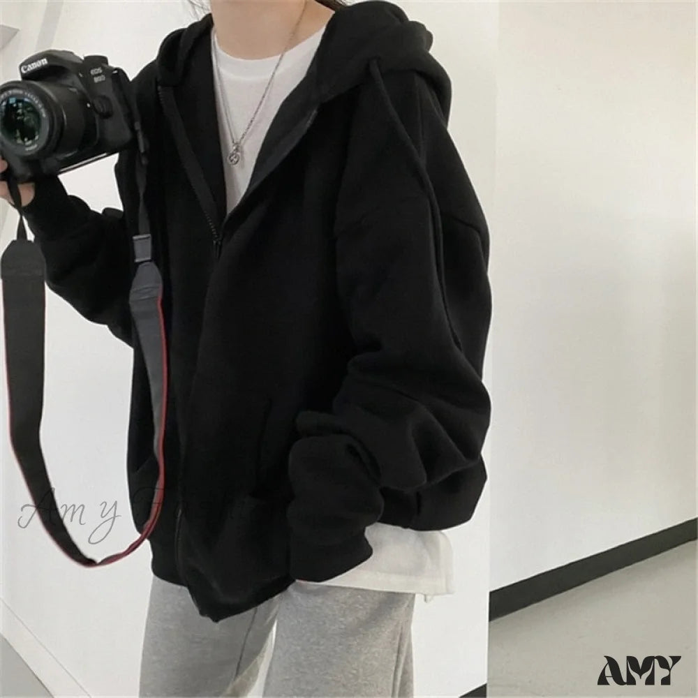 Amy Fashion - Korean Version Zip Up Loose Oversized Hoodie