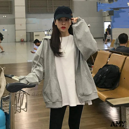 Amy Fashion - Korean Version Zip Up Loose Oversized Hoodie