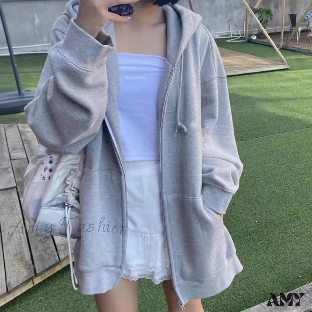 Amy Fashion - Korean Version Zip Up Loose Oversized Hoodie