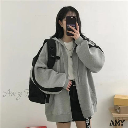 Amy Fashion - Korean Version Zip Up Loose Oversized Hoodie Black Grey / S