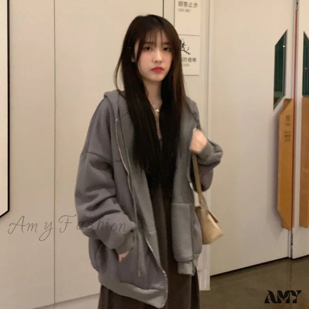 Amy Fashion - Korean Version Zip Up Loose Oversized Hoodie Dark Grey / S