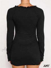 Amy Fashion - Lace Bow Patchwork Spring Autumn Ribbed Mini Dress