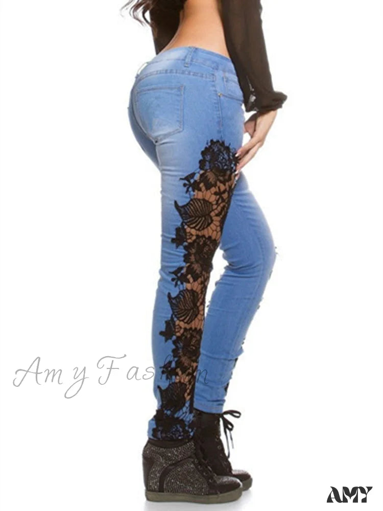 Amy Fashion - Lace Floral Crochet Hollow-Out Jeans