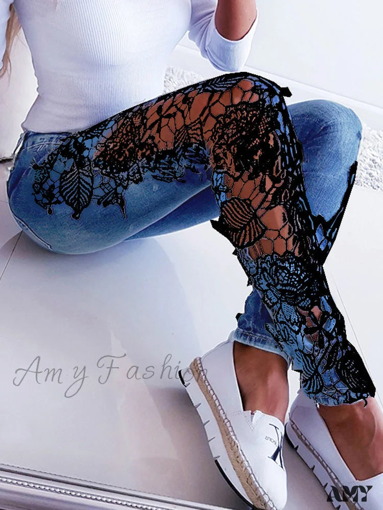 Amy Fashion - Lace Floral Crochet Hollow-Out Jeans Black / S