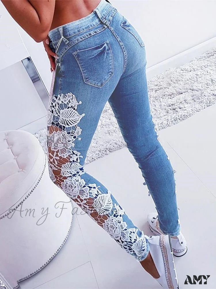 Amy Fashion - Lace Floral Crochet Hollow-Out Jeans Sky Blue / S