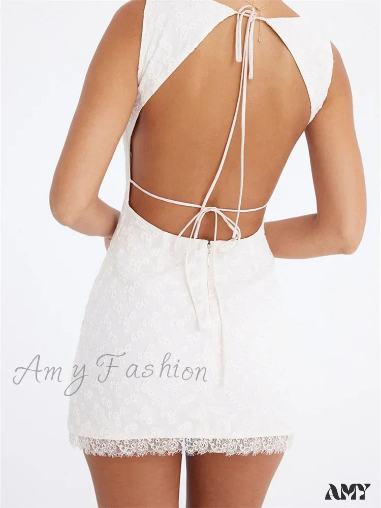 Amy Fashion - Lace Floral Elegant Sleeveless Backless Mini Dress