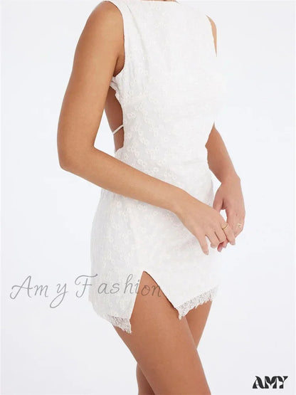 Amy Fashion - Lace Floral Elegant Sleeveless Backless Mini Dress