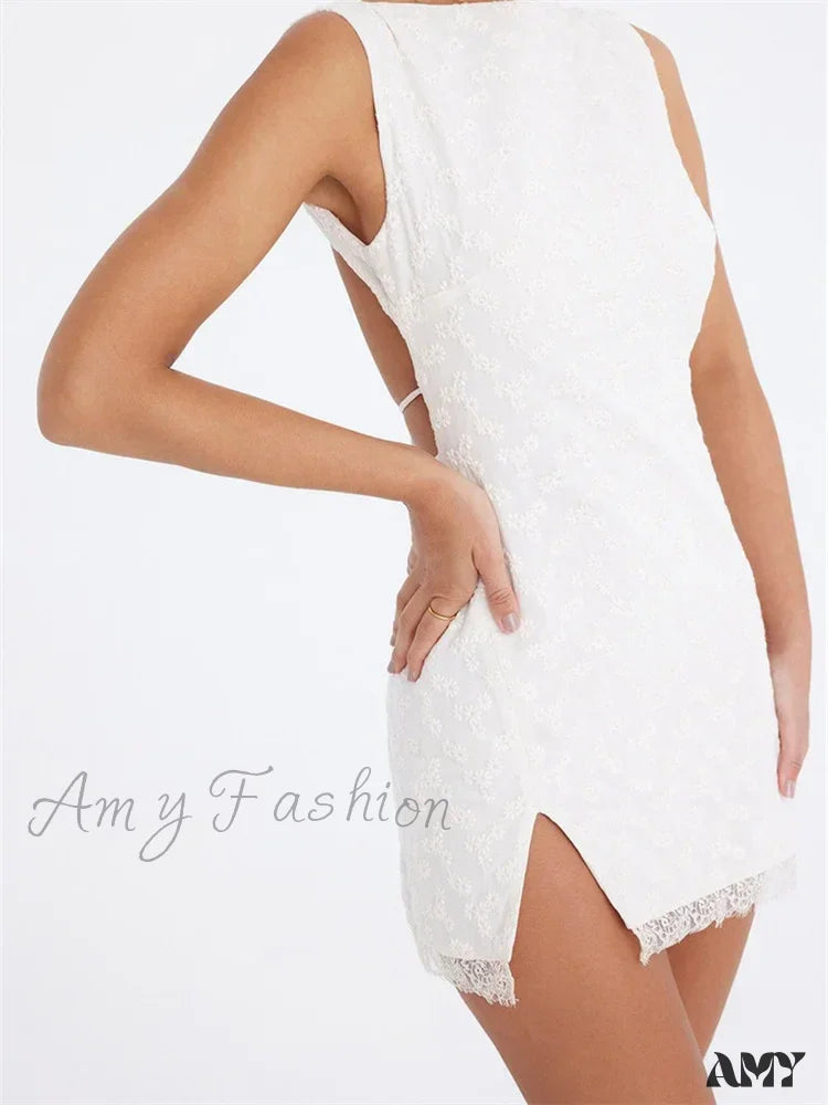 Amy Fashion - Lace Floral Elegant Sleeveless Backless Mini Dress