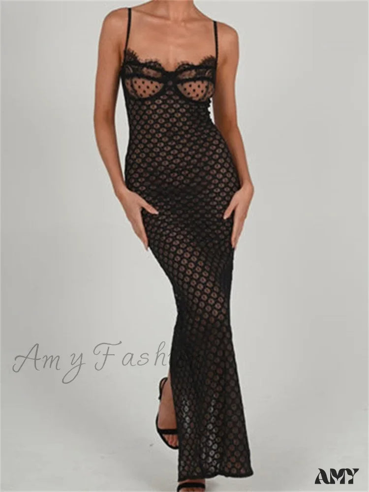 Amy Fashion - Lace Floral For Women Sexy Sleeveless Strap See Through Evening Cocktail Back Split