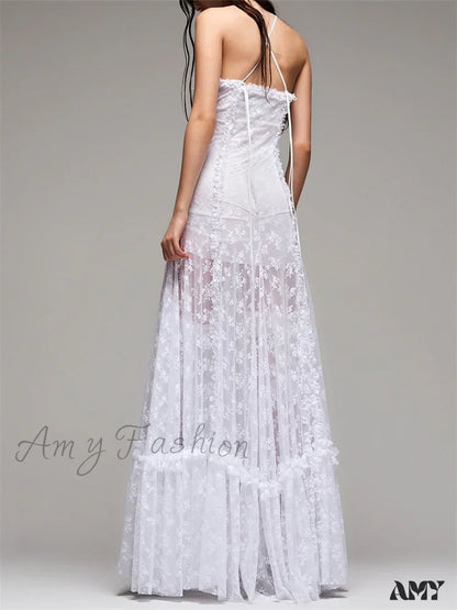 Amy Fashion - Lace Floral Halter Tie-Up Off Shoulder For Women Mesh See Through High Split Hollow