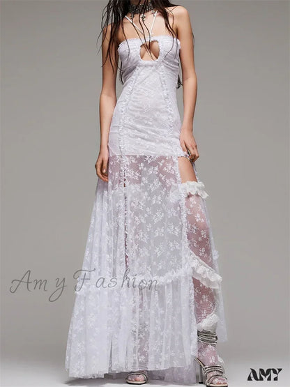 Amy Fashion - Lace Floral Halter Tie-Up Off Shoulder For Women Mesh See Through High Split Hollow