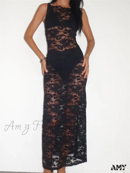 Amy Fashion - Lace Floral Mesh See Through Black For Women Summer Beach Clubwear Sexy Backless