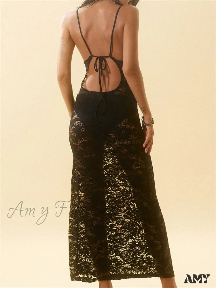 Amy Fashion - Lace Floral Mesh See Through Black For Women Summer Beach Clubwear Sexy Backless