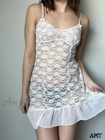 Amy Fashion - Lace Floral Mesh See Through Sling Summer Mini Dress White / S