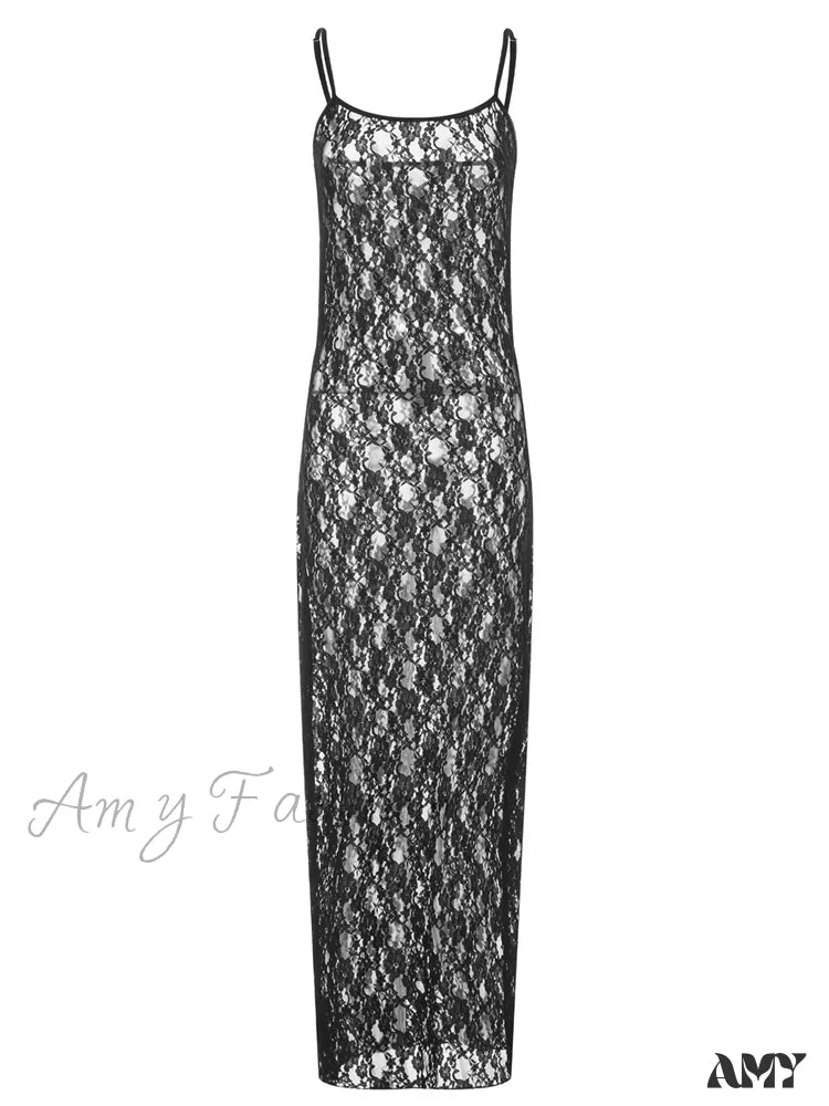 Amy Fashion - Lace Floral Mesh See Through Summer Beach Cover Ups Women Sleeveless Strap Solid Slim