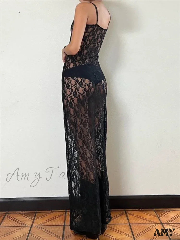 Amy Fashion - Lace Floral Mesh See Through Summer Beach Cover Ups Women Sleeveless Strap Solid Slim