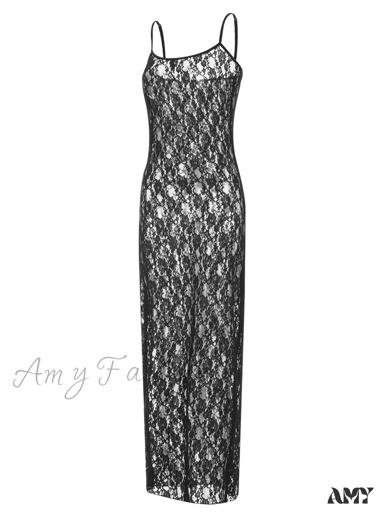 Amy Fashion - Lace Floral Mesh See Through Summer Beach Cover Ups Women Sleeveless Strap Solid Slim