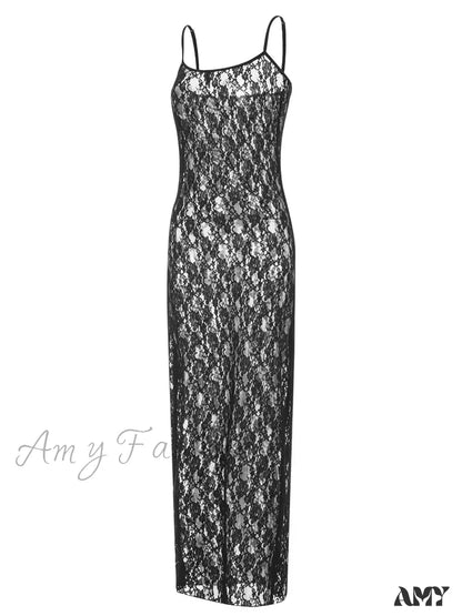 Amy Fashion - Lace Floral Mesh See Through Summer Beach Cover Ups Women Sleeveless Strap Solid Slim