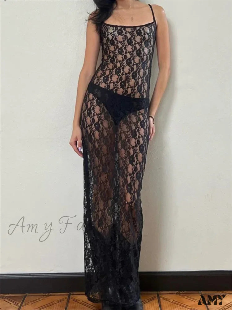 Amy Fashion - Lace Floral Mesh See Through Summer Beach Cover Ups Women Sleeveless Strap Solid Slim