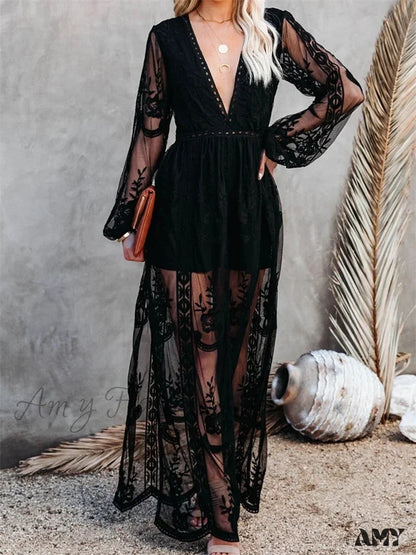 Amy Fashion - Lace Floral Mesh See Through Summer Deep V-Neck Lantern Sleeve Beach Female Vestidos