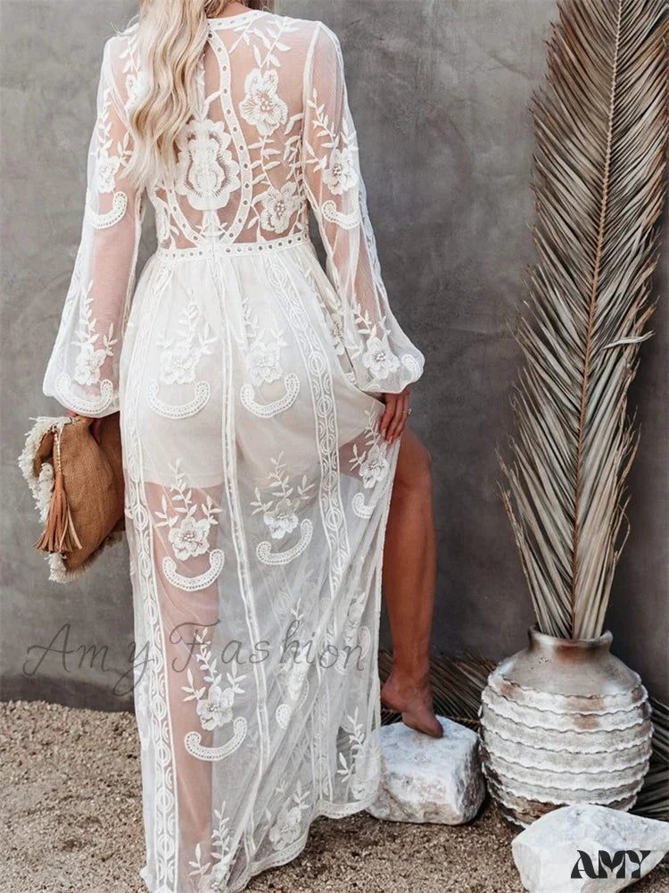 Amy Fashion - Lace Floral Mesh See Through Summer Deep V-Neck Lantern Sleeve Beach Female Vestidos