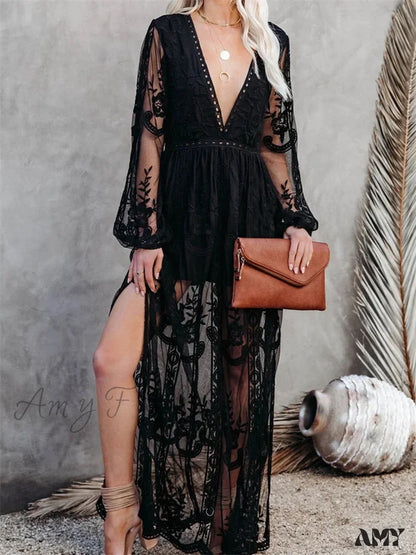 Amy Fashion - Lace Floral Mesh See Through Summer Deep V-Neck Lantern Sleeve Beach Female Vestidos