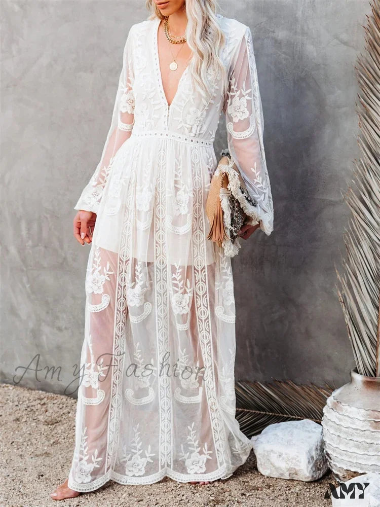 Amy Fashion - Lace Floral Mesh See Through Summer Deep V-Neck Lantern Sleeve Beach Female Vestidos