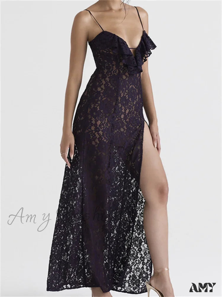 Amy Fashion - Lace Floral See Through For Women Sexy Sleeveless Strap V-Neck Ruffles Patchwork High