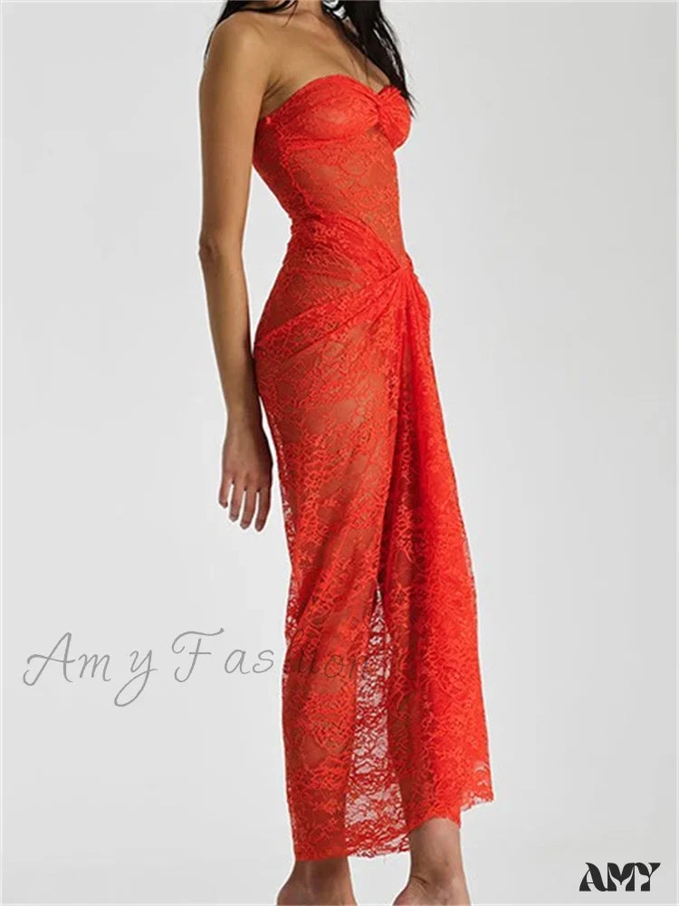 Amy Fashion - Lace Floral See Through Tube Summer Party Clubwear For Women Strapless Off Shoulder