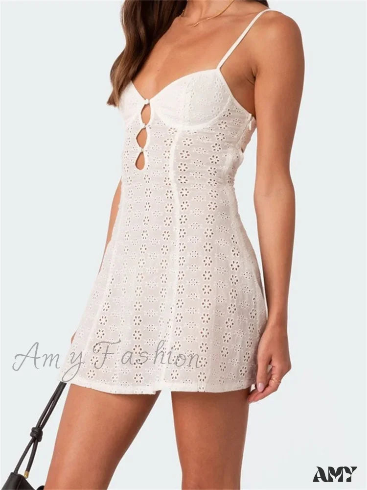 Amy Fashion - Lace Floral Spaghetti Strap V Neck Mini Dress