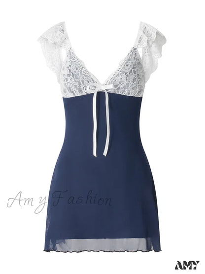 Amy Fashion - Lace Patchwork Deep V Neck Sleeveless Strap Mini Dress