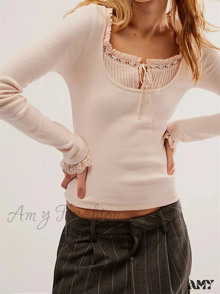 Amy Fashion - Lace Patchwork Long Sleeve Basic Casual Pullovers T-Shirts