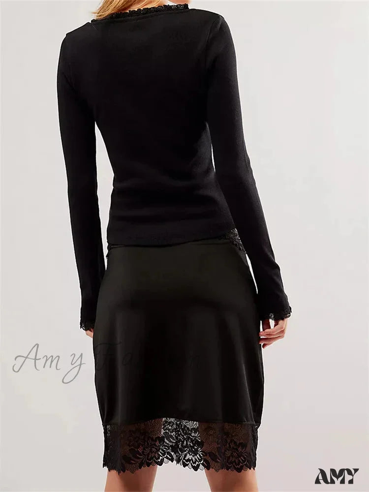 Amy Fashion - Lace Patchwork Long Sleeve Basic Casual Pullovers T-Shirts