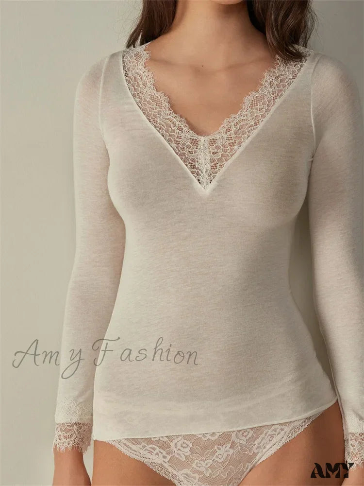 Amy Fashion - Lace Patchwork Long Sleeve V-Neck Casual T-Shirts White / S