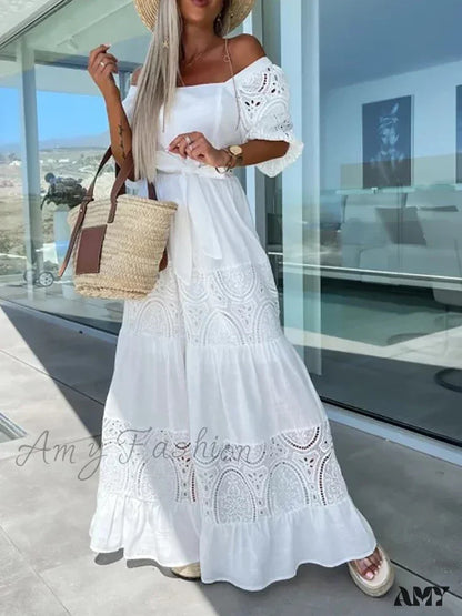 Amy Fashion - Lace Patchwork Loose Casual Beach Square Neck Boho Dress